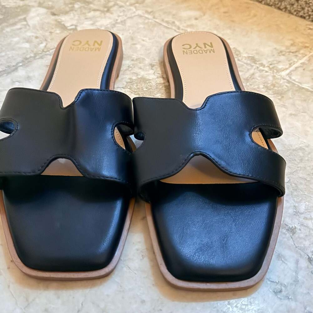 Madden NYC Women's Black H-Band Square Toe Slide Sandals, Size 10 NWOT